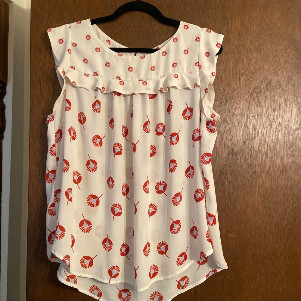 LOFT Flutter Sleeve White Blouse With Red And Blue Print